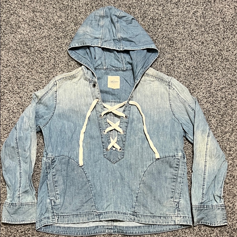 American Eagle Lace up Denim Long Sleeve Hooded Top Size XS EUC